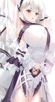 1girl :o armpits arms_up azur_lane bangs black_neckwear blush breasts clothing_cutout dress eyebrows_visible_through_hair flower formidable_(azur_lane) formidable_(timeless_classics)_(azur_lane) frills grey_hair hair_ornament highres large_breasts long_hair looking_at_viewer megumi_kei navel navel_cutout necktie red_eyes school_uniform serafuku simple_background sleeveless thighs twintails veil very_long_hair white_background 
