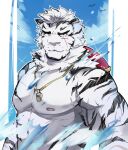  1boy abs alternate_costume animal_ears arknights bara bare_pectorals furry highres large_pectorals lifeguard male_focus mountain_(arknights) muscular muscular_male nipples pectorals sak_(sakarov_) scar scar_across_eye scar_on_chest short_hair smile solo stomach tiger_boy tiger_ears upper_body water whistle whistle_around_neck white_fur white_hair 