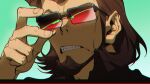  1boy absurdres bacchus_lpiii brown_hair clenched_teeth dress facial_hair glasses goatee gradient gradient_background green_background hands_on_eyewear highres jigen_daisuke looking_at_viewer lupin_iii male_focus sideburns solo sundress teeth upper_body 