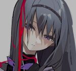  1girl akemi_homura arin_(fanfan013) black_hair blood bloody_hair expressionless hair_between_eyes hairband looking_away mahou_shoujo_madoka_magica neck_ribbon portrait purple_eyes purple_ribbon ribbon 