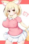  1girl animal_ear_fluff animal_ears berusa_(berutoo) blonde_hair blush bow bowtie breasts commentary_request contrapposto cowboy_shot fennec_(kemono_friends) fox_ears fox_tail fur_trim gloves hand_on_own_chest highres kemono_friends large_breasts pink_background pink_shirt pleated_skirt shirt short_hair simple_background skirt smile solo tail thighhighs white_background white_skirt yellow_eyes yellow_legwear yellow_neckwear 