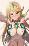  &gt;:) 1girl absurdres armor armpits arms_up bangs blonde_hair blush breasts chest_jewel cleavage cleavage_cutout closed_mouth clothing_cutout commentary_request cowboy_shot dress elbow_gloves eyebrows_visible_through_hair gloves highres large_breasts leaning_forward long_hair looking_at_viewer mythra_(xenoblade) outstretched_arms pov short_dress shoulder_armor simple_background sleeveless sleeveless_dress smile solo straight_hair swept_bangs tiara v-shaped_eyebrows very_long_hair wangxiii white_dress white_gloves xenoblade_chronicles_(series) xenoblade_chronicles_2 yellow_background yellow_eyes 