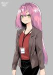  1girl artist_name black_pants blazer breasts brown_jacket closed_mouth collarbone green_eyes grey_background hair_between_eyes highres id_card jacket long_hair long_sleeves looking_at_viewer medium_breasts norman_maggot office_lady olverse open_clothes open_jacket original pants pink_hair red_shirt shirt sidelocks simple_background solo unbuttoned 