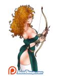  1girl arrow_(projectile) bare_shoulders bow_(weapon) brave_(pixar) breasts cleavage curly_hair dress green_dress hands_up highres jago_dibuja large_breasts long_hair merida_(brave) orange_hair patreon_logo profile side_slit simple_background solo thighhighs watermark weapon web_address white_background white_legwear 