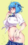  1girl blue_hair borrowed_character breasts covered_nipples eyebrows_visible_through_hair food-themed_hair_ornament front-tie_top glasses hair_ornament hair_ribbon hamburger-chan_(nekoume) highres karube_guri large_breasts original red-framed_eyewear ribbon semi-rimless_eyewear short_hair skirt skirt_removed solo thong under-rim_eyewear 