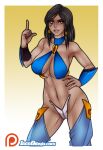  1girl arm_up bare_shoulders blush cowboy_shot dark-skinned_female dark_skin eye_of_horus facial_tattoo gradient gradient_background hair_tubes hand_on_hip highres index_finger_raised jago_dibuja navel overwatch parted_lips patreon_logo pharah_(overwatch) revealing_clothes shadow smile solo tattoo watermark web_address yellow_background 