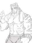  1boy abs animal_ears arknights bara bulge cowboy_shot furry greyscale highres large_pectorals looking_at_viewer male_focus monochrome mountain_(arknights) muscular muscular_male navel navel_hair neilos nipples pectorals scar scar_across_eye scar_on_stomach shirtless short_hair shorts solo stomach thick_eyebrows tiger_boy tiger_ears towel towel_around_neck white_fur white_hair wristband 
