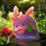  blurry blurry_background brown_eyes commentary day ekm gen_6_pokemon goomy grass mushroom no_humans open_mouth outdoors pokemon pokemon_(creature) red_mushroom ripples smile solo tongue water 