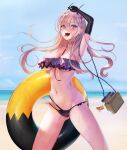  1girl absurdres ass azur_lane bandeau beach between_breasts bikini black_gloves blonde_hair breasts choker cross_hair_ornament elbow_gloves flower frilled_bikini frills gaji gloves hair_flower hair_ornament highres holding holding_innertube horns innertube kumano_(azur_lane) kumano_(fancy_waves)_(azur_lane) large_breasts long_hair looking_at_viewer mismatched_bikini multi-strapped_bikini_bottom multicolored multicolored_bikini multicolored_clothes official_alternate_costume oni_horns open_mouth purple_eyes red_choker single_elbow_glove strap_between_breasts swimsuit teeth thighs tongue tongue_out white_flower 