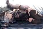  1girl aarc arknights belt black_gloves braid crocodilian_tail fingerless_gloves gloves goggles goggles_around_neck grass hood lying on_ground on_side outdoors pointy_ears silver_hair single_braid solo tail thighs tomimi_(arknights) torn_clothes torn_legwear water yellow_eyes 