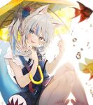  1girl animal_ears bag bangs barefoot blue_hair blush cat_ears denim denim_dress dice_hair_ornament dress fish fish_tail gawr_gura grey_hair hair_between_eyes hair_ornament highres holding holding_hair hololive hololive_english lemon_print long_hair multicolored_hair official_alternate_costume open_mouth ponytail ruohire9 shark_tail sharp_teeth shirt side_ponytail simple_background tail teeth virtual_youtuber water_drop white_background white_shirt 