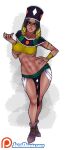  1girl abs black_footwear black_hair bracelet breasts contrapposto dark-skinned_female dark_skin dragon_ball dragon_ball_super full_body green_eyes hand_on_hip hand_up hat heles_(dragon_ball_super) highres jago_dibuja jewelry looking_at_viewer medium_hair midriff parted_lips patreon_logo pelvic_curtain shoes smile solo spanish_commentary standing underboob watermark web_address 