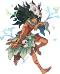  1boy acorn animal_skull artist_request bangs barefoot bodypaint braid branch capelet claws collarbone dark-skinned_male dark_skin eyebrows_visible_through_hair fang full_body green_capelet green_hair hair_over_one_eye hair_tie half-closed_eyes hao_(world_flipper) highres leg_ribbon leg_up loincloth long_hair looking_to_the_side male_focus messy_hair navel non-web_source official_art open_mouth purple_eyes rainbow_gradient red_ribbon ribbon shiny shiny_hair shirtless sidelocks single_braid skull skull_on_head solo stick stitches stomach stuffed_animal stuffed_cat stuffed_toy tied_hair toned toned_male tongue tongue_out torn_clothes transparent_background tribal world_flipper 