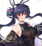  1girl :p allen_m._sumner_(azur_lane) allen_m._sumner_(charming_rabbit)_(azur_lane) animal_ears armpits azur_lane badge bare_shoulders black_hair black_jacket black_leotard bodystocking bow breasts bunny_ears button_badge cleavage_cutout clothing_cutout fake_animal_ears highres hikkishi jacket leotard licking_lips long_hair looking_at_viewer medium_breasts off_shoulder official_alternate_costume open_clothes open_jacket playboy_bunny red_eyes ribbon-trimmed_clothes ribbon_trim sideboob tongue tongue_out twintails twitter_username underboob_cutout very_long_hair 