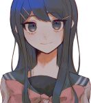  1girl bangs bbjj_927 blue_eyes blue_hair bow closed_mouth commentary danganronpa:_trigger_happy_havoc danganronpa_(series) grey_shirt hair_ornament hairclip highres long_hair looking_at_viewer maizono_sayaka one-hour_drawing_challenge pink_bow portrait sailor_collar school_uniform serafuku shirt simple_background smile solo white_background 