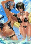  2girls absurdres arm_above_head armpits ass ass_visible_through_thighs au_ra bangs bare_shoulders beach bikini black_bikini breasts cleavage commission dripping final_fantasy final_fantasy_xiv floating floating_object from_behind from_side hand_up hanging_breasts highres horns large_breasts leaning_forward lilycious mole mole_under_mouth monster_girl multiple_girls navel orange_eyes scales shiny shiny_skin sideboob smile swimsuit tail thigh_gap thighhighs water wet yellow_eyes 