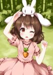  1girl :3 ;o animal_ears animal_on_head bamboo bamboo_forest bangs brown_hair bunny bunny_ears carrot_necklace cowboy_shot dress eyebrows_visible_through_hair floppy_ears forest highres inaba inaba_tewi looking_up nature on_head one_eye_closed open_mouth outdoors pink_dress red_eyes ruu_(tksymkw) short_hair short_sleeves standing sweatdrop touhou v-shaped_eyebrows 