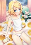  1girl :3 absurdres ataraii_moyasi bangs bare_legs bare_shoulders blonde_hair blue_eyes cellphone character_doll collarbone eyelashes hair_ornament hairclip hatsune_miku highres kagamine_rin looking_at_viewer looking_up midriff navel number_tattoo on_bed orange_print panties phone rain sheet_music shirt short_hair sitting sleeveless sleeveless_shirt smile solo stomach_tattoo stuffed_toy swept_bangs tattoo thighs triangle_print underwear vocaloid water_drop window yellow_nails 