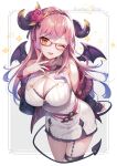  1girl ;3 ;d absurdres bare_shoulders breasts cleavage commentary_request cowboy_shot demon_girl demon_horns demon_tail demon_wings eyebrows_visible_through_hair flower glasses gomashio_ponz hair_flower hair_ornament highres horns jacket kurari_rose large_breasts long_hair long_sleeves looking_at_viewer mole mole_under_eye one_eye_closed open_mouth pink_hair rose smile solo tail tongue virtual_youtuber wactor_production wings yellow_eyes 