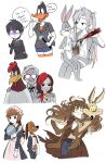  5girls 6+boys black_hair braid brown_hair bugs_bunny butler closed_mouth colonel_sanders colored_sclera cosplay costume_switch daffy_duck english_text foghorn_leghorn genderswap genderswap_(mtf) glasses grey_hair highres himuhino humanization long_hair looking_at_viewer looney_tunes maid multiple_boys multiple_girls opaque_glasses real_life smile speech_bubble sweat sweating_profusely thought_bubble twin_braids twintails wile_e_coyote yellow_sclera 