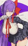 1girl bangs bb_(fate) bb_(fate)_(all) black_coat black_skirt breasts coat fate/extra fate/extra_ccc fate_(series) gloves hair_ribbon high-waist_skirt highres large_breasts leotard long_hair long_sleeves looking_at_viewer neck_ribbon open_clothes open_coat popped_collar purple_eyes purple_hair red_ribbon ribbon sa/tsu/ki sketch skirt smile solo thighs very_long_hair wand white_gloves white_leotard wide_sleeves 