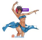  1girl armpits arms_up black_hair breasts closed_eyes dark-skinned_female dark_skin flower hair_flower hair_ornament highres jago_dibuja large_breasts no_panties patreon_logo phoebe_(pokemon) pink_flower pokemon pokemon_(game) pokemon_rse shadow short_hair simple_background solo strapless tubetop underboob watermark web_address white_background 