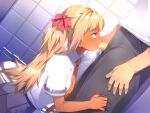  1boy 1girl 23_(real_xxiii) bangs bathroom blonde_hair blue_eyes blue_skirt brown_neckwear censored dark-skinned_female dark_skin fellatio game_cg hair_ribbon kasshoku_danchi_e_youkoso long_hair looking_up necktie oral pants penis pleated_skirt red_ribbon ribbon school_uniform shirt skirt sujata_rikko toilet_seat white_shirt 