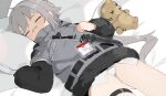  1girl bandaid bandaid_on_nose bangs bed_sheet closed_eyes commission fur-trimmed_jacket fur_trim girls_frontline grey_hair highres hs2000_(girls_frontline) id_card jacket long_hair long_sleeves lying on_back panties pillow skeb_commission solo stuffed_animal stuffed_toy thigh_strap underwear white_panties yuki_hotaru 