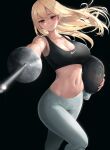 1girl absurdres asymmetrical_breasts black_background blonde_hair blurry blurry_foreground breasts cleavage fencing floating_hair foreshortening helmet highres holding holding_helmet holding_sword holding_weapon large_breasts light_smile medium_breasts midriff mole mole_on_breast navel nike original pigone red_eyes simple_background smile solo sports_bra sportswear sword weapon 
