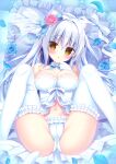  1girl :o animal_ear_fluff animal_ears babydoll bangs bare_shoulders blue_bow blue_flower blue_rose blush bow breasts brown_eyes cameltoe cat_ears cat_girl cat_tail cleavage commentary_request eyebrows_visible_through_hair feet_out_of_frame flower frilled_legwear frilled_panties frilled_pillow frills gloves hair_between_eyes hair_bow hair_flower hair_ornament hand_up hasune highres knees_up large_breasts long_hair lying navel on_back original panties parted_lips pillow pink_flower pink_rose rose silver_hair solo spread_legs tail thighhighs underwear very_long_hair white_bow white_gloves white_legwear white_panties 
