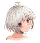  1girl ahoge bangs bare_shoulders blush brown_eyes closed_mouth collarbone eyebrows_visible_through_hair eyes_visible_through_hair face grey_hair highres looking_at_viewer looking_to_the_side making-of_available original portrait short_hair sideways_glance simple_background smile solo wang_man white_background 