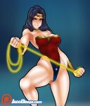  1girl bare_shoulders black_hair blue_background blue_eyes blurry blurry_background breasts cowboy_shot highleg highleg_leotard highres jago_dibuja large_breasts lasso lasso_of_truth leotard long_hair looking_at_viewer parted_lips smile solo wonder_woman wonder_woman_(series) 