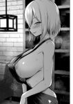  1girl apron areola_slip areolae ars_almal bangs bare_shoulders blush breasts brick_wall cleavage commentary_request covered_nipples diisuke greyscale hair_between_eyes heavy_breathing huge_breasts monochrome naked_apron nijisanji short_hair smile solo speech_bubble sweat virtual_youtuber window 
