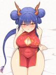  1girl arknights bare_shoulders blue_hair blush bori_(3910234) breasts ch&#039;en_(ageless_afterglow)_(arknights) ch&#039;en_(arknights) china_dress chinese_clothes cleavage covered_navel double_bun dragon_horns dragon_tail dress highres horns looking_at_viewer parted_lips red_eyes sitting sleeveless sleeveless_dress solo sweatdrop tail 