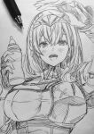  1girl bangs bottle breasts chjz cleavage eyebrows_behind_hair fingerless_gloves gloves graphite_(medium) greyscale highres holding holding_bottle hololive large_breasts mechanical_pencil metal_hairband milk_bottle monochrome open_hand open_mouth pencil photo_(medium) shirogane_noel smile solo traditional_media upper_body virtual_youtuber white_background 