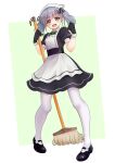  1girl absurdres alternate_costume apron black_dress black_footwear black_gloves dress enmaided frilled_apron frills full_body gloves highres kantai_collection maid maid_apron maid_headdress makura_(user_jpmm5733) ooshio_(kancolle) pantyhose puffy_short_sleeves puffy_sleeves short_dress short_sleeves short_twintails silver_eyes silver_hair solo standing twintails waist_apron white_apron white_legwear 