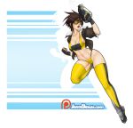  1girl absurdres arm_up black_gloves black_jacket breasts brown_hair fingerless_gloves gloves grey_footwear highres jacket jago_dibuja medium_breasts navel open_mouth orange_goggles overwatch panties shoes short_hair solo thighhighs tracer_(overwatch) underwear wide_shot yellow_legwear yellow_panties 