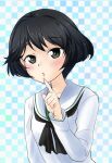  1girl :o abimaru_gup bangs black_eyes black_hair black_neckwear blouse blue_background blush checkered checkered_background commentary eyebrows_visible_through_hair finger_to_mouth girls_und_panzer long_sleeves looking_at_viewer neckerchief ooarai_school_uniform parted_lips sailor_collar school_uniform serafuku short_hair shushing solo upper_body utsugi_yuuki white_blouse white_sailor_collar 