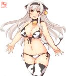  1girl alternate_costume animal_ears animal_print artist_logo bell bikini brown_eyes commentary_request covered_nipples cow_ears cow_horns cow_print cow_tail cowbell cowboy_shot dated ear_tag fake_animal_ears fake_horns front-tie_top groin highres horns kanon_(kurogane_knights) kantai_collection long_hair looking_at_viewer lowleg lowleg_bikini one-hour_drawing_challenge shoukaku_(kancolle) side-tie_bikini simple_background smile solo swimsuit tail thighhighs white_background white_bikini white_hair white_legwear 