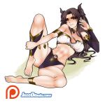  1girl bare_shoulders barefoot bikini black_hair fate/grand_order fate_(series) full_body highres ishtar_(fate) ishtar_(fate)_(all) jago_dibuja leg_up legs long_hair looking_at_viewer mismatched_bikini navel red_eyes sitting smile solo strapless strapless_bikini swimsuit thick_thighs thighs 