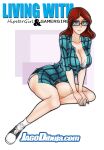  1girl black_footwear black_shorts bra breasts cleavage commentary_request copyright_name full_body glasses highres jago_dibuja large_breasts living_with_hipstergirl_and_gamergirl long_hair plaid plaid_shirt rectangular_eyewear red_hair shirt shoes shorts sitting socks solo sophie_(living_with_hipstergirl_and_gamergirl) underwear watermark web_address white_bra white_legwear 