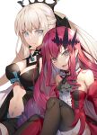  2girls bare_shoulders black_legwear braid breasts constricted_pupils crown detached_collar detached_sleeves drill_hair expressionless fairy_knight_tristan_(fate) fate/grand_order fate_(series) french_braid large_breasts long_hair looking_at_viewer morgan_le_fay_(fate) multiple_girls navel platinum_blonde_hair pointy_ears pubic_tattoo red_hair renka_(renkas) slit_pupils small_breasts smile tattoo thighhighs twin_drills v-shaped_eyebrows white_background 