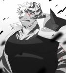  1boy animal_ears arknights bara black_tank_top furry hachi_duchi large_pectorals looking_to_the_side male_focus mountain_(arknights) muscular muscular_male pectorals scar scar_across_eye scar_on_arm short_hair solo tank_top tiger_boy tiger_ears upper_body white_fur white_hair wind 