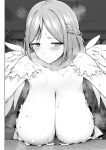  1girl areola_slip areolae braid breasts cleavage commentary diisuke greyscale hanging_breasts huge_breasts leaning_forward moira_(nijisanji) mole mole_on_breast mole_under_mouth monochrome nijisanji short_hair solo sweat tearing_up translated virtual_youtuber wings youtube 