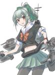  1girl bangs black_legwear blush bow breasts brown_eyes eyebrows_visible_through_hair green_bow green_skirt grey_hair hair_bow kantai_collection looking_at_viewer medium_breasts midriff momosio2f navel one-hour_drawing_challenge open_mouth orange_neckwear pantyhose rigging sailor_collar short_sleeves simple_background skirt solo white_background white_sailor_collar yuubari_(kancolle) 