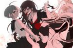  2girls ahoge artist_name black_hair black_skirt brown_hair commentary criis-chan danganronpa_(series) danganronpa_another_episode:_ultra_despair_girls english_commentary fukawa_touko glasses long_hair megaphone multiple_girls naegi_komaru open_mouth pleated_skirt round_eyewear school_uniform serafuku short_hair skirt smile symbol_commentary twitter_username very_long_hair 