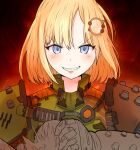  1girl armor artificialdyslexia bangs blonde_hair blue_eyes doom_(series) full_armor green_armor highres hololive hololive_english looking_at_viewer praetor_suit red_background short_hair smile solo teeth upper_body virtual_youtuber watson_amelia 