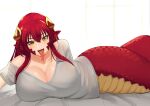  1girl absurdres blush breasts cleavage collarbone commission commissioner_upload eyebrows_visible_through_hair forked_tongue grey_shirt hair_ornament highres huge_breasts lamia long_hair long_tongue looking_at_viewer lying miia_(monster_musume) monster_girl monster_musume_no_iru_nichijou on_bed on_side open_mouth pointy_ears red_hair scales shirt simple_background slit_pupils solo stormcow tongue tongue_out yellow_eyes 