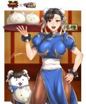  1girl :d baozi blue_dress border bracelet breasts brown_eyes brown_hair brown_legwear bun_cover cat_(nyanko_daisensou) china_dress chinese_clothes chun-li chun-li_(cosplay) commentary cosplay crossover double_bun dress earrings eating english_commentary food jewelry large_breasts looking_at_viewer matching_outfit nyanko_daisensou open_mouth outside_border pantyhose pelvic_curtain puffy_short_sleeves puffy_sleeves short_sleeves side_slit smile spiked_bracelet spikes street_fighter white_border zxpfer 
