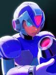  1boy absurdres android arm_cannon armor blue_headwear closed_mouth commentary_request crack glowing green_background green_eyes hand_on_own_arm helmet highres hoshi_mikan looking_at_viewer male_focus mega_man_(series) mega_man_x_(character) mega_man_x_(series) serious simple_background solo upper_body weapon 